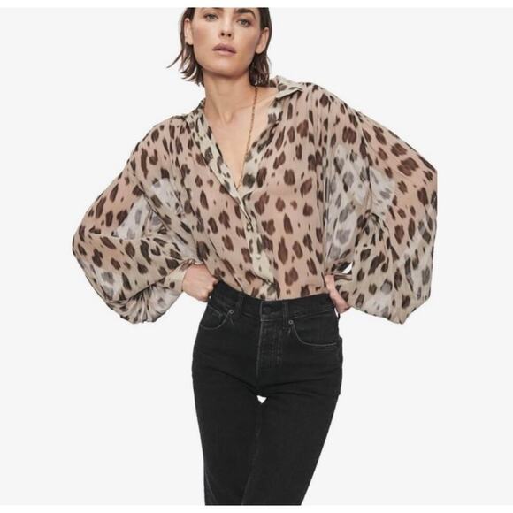 Anine Bing Kacey Print Silk Chiffon Shirt Leopard Size XS - Picture 1 of 13